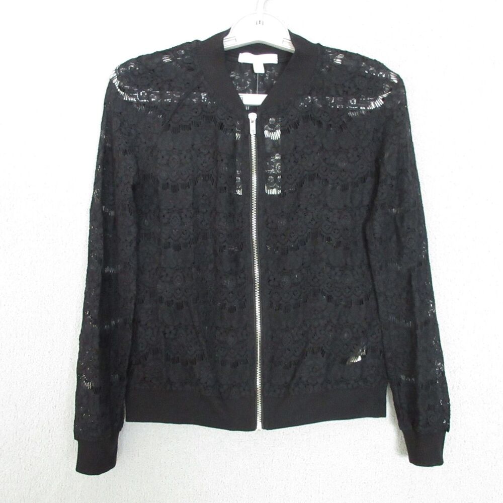 Love Fire Top Womens‎ XS Black Lace Zip Front Bomber Jacket Long Sleeve Sheer